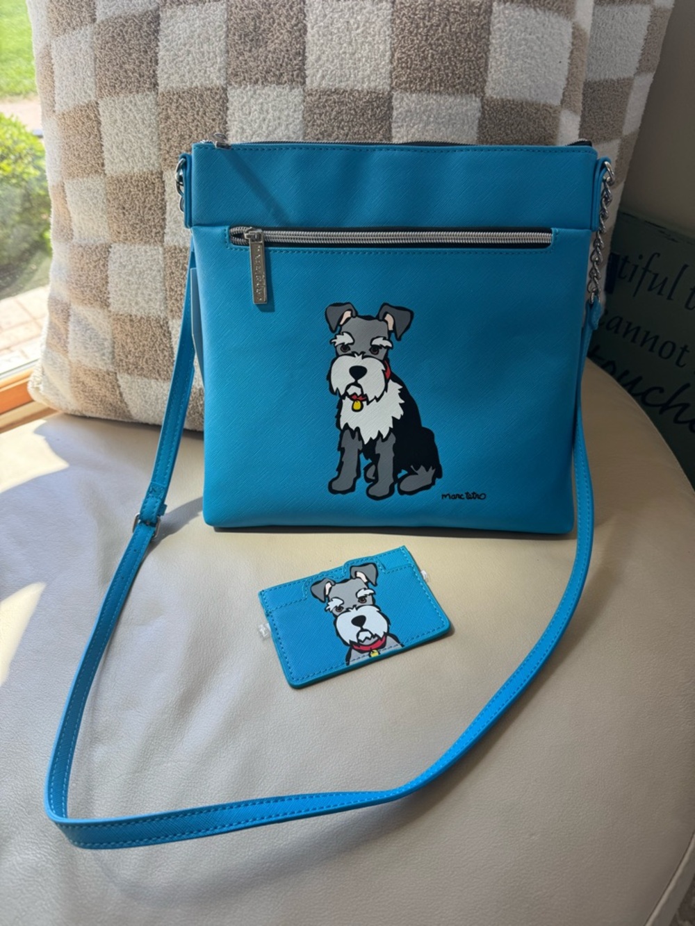 Marc Tetro Schnauzer Blue DBL Zip Crossbody Bag  FAUX LEATHER MATCHING CC WALLET